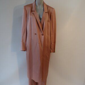 Women Lapointe Blush 2 Pc Set Satin Pantsuit Long Jacket Coat Pleated Pants 14